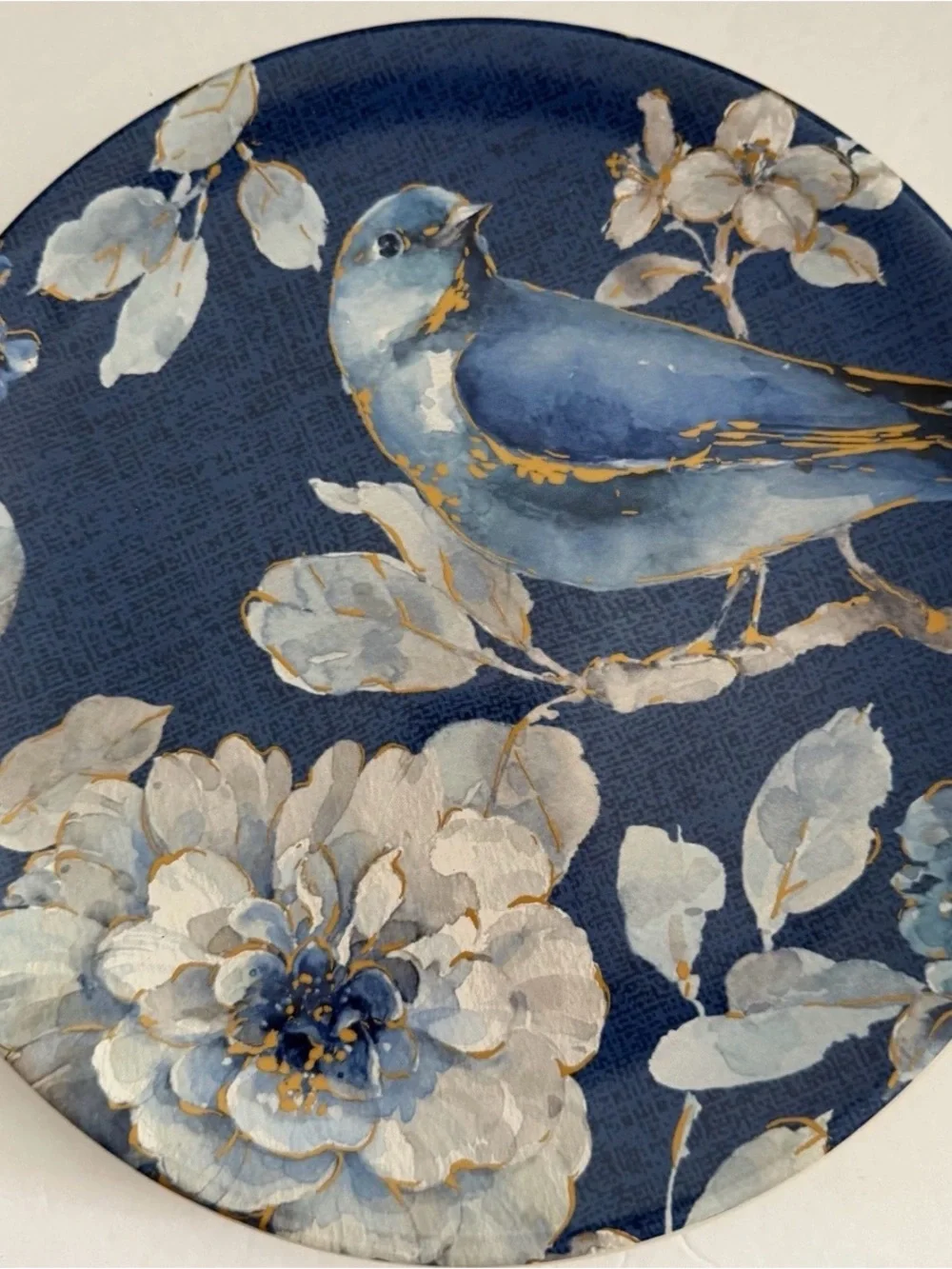 INDIGOLD Set of 3 Blue Bird Floral Plates 9” Gold Details